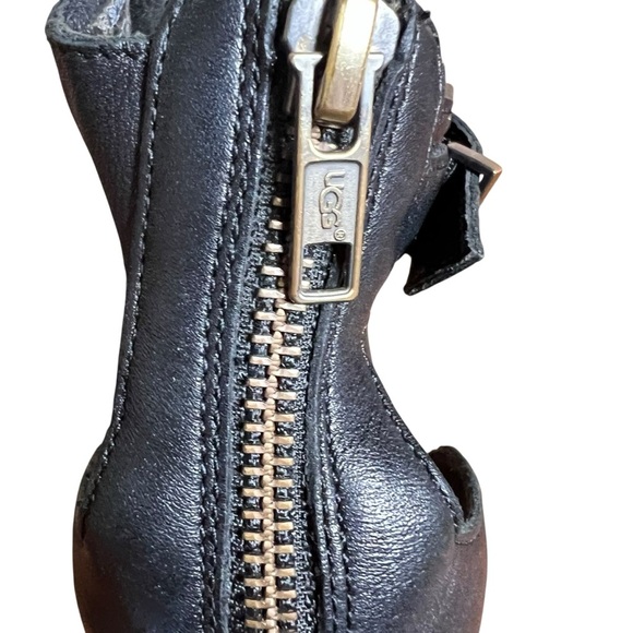 UGG Char Women’s Black Leather Wedge Sandal Wood Zip-up Back Sz 8 Ankle Strap - Picture 8 of 11